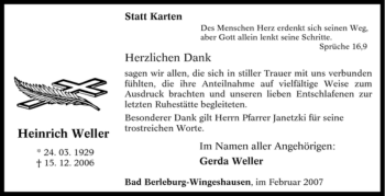 Traueranzeige von Heinrich Weller von Tageszeitung