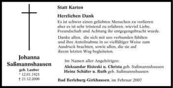 Traueranzeige von Johanna Saßmannshausen von Tageszeitung