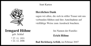 Traueranzeige von Irmgard Höhne von Tageszeitung