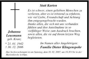Traueranzeige von Johanna Leusmann von Tageszeitung