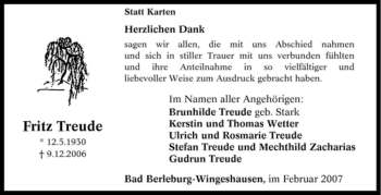 Traueranzeige von Fritz Treude von Tageszeitung