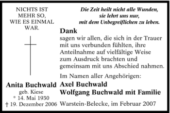 Traueranzeige von Anita Buchwald von Tageszeitung