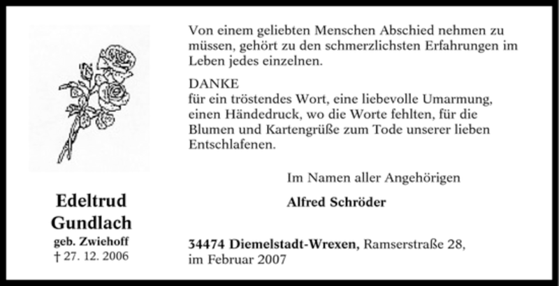  Traueranzeige für Edeltrud Gundlach vom 10.02.2007 aus Tageszeitung