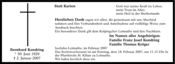 Traueranzeige von Bernhard Kondring von Tageszeitung