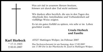 Traueranzeige von Karl Herbeck von Tageszeitung