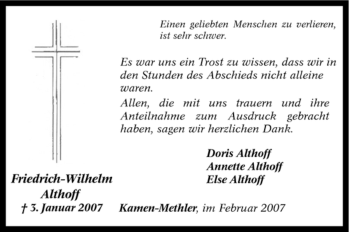 Traueranzeige von Friedrich-Wilhelm Althoff von Tageszeitung