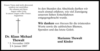 Traueranzeige von Klaus Michael Thewalt von Tageszeitung