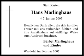 Traueranzeige von Hans Marlinghaus von Tageszeitung