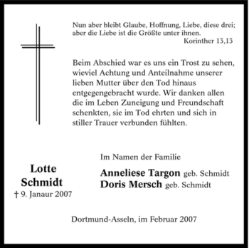 Traueranzeige von Lotte Schmidt von Tageszeitung
