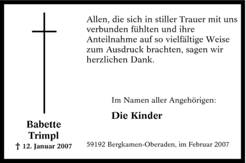  Traueranzeige für Babette Trimpl vom 10.02.2007 aus Tageszeitung
