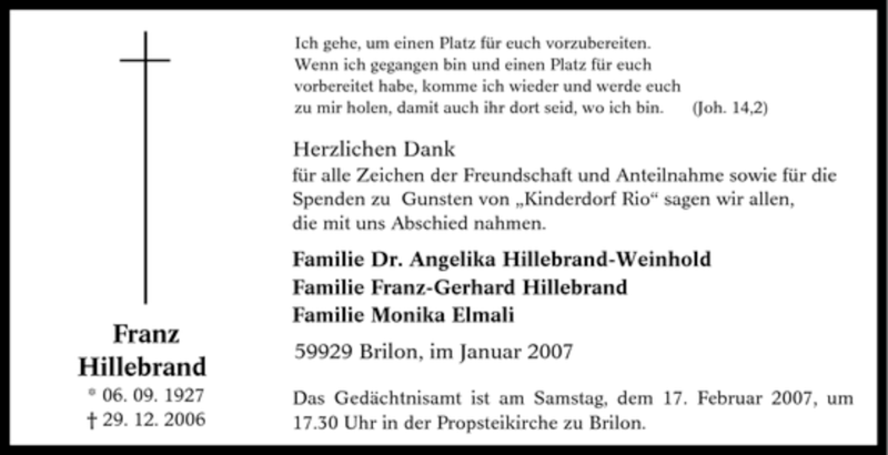  Traueranzeige für Franz Hildebrand vom 10.02.2007 aus Tageszeitung