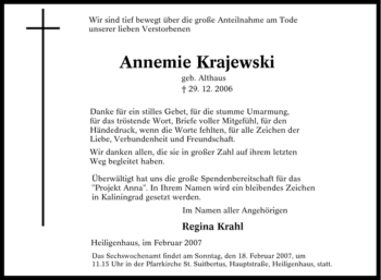 Traueranzeige von Annemie Krajewski von Tageszeitung