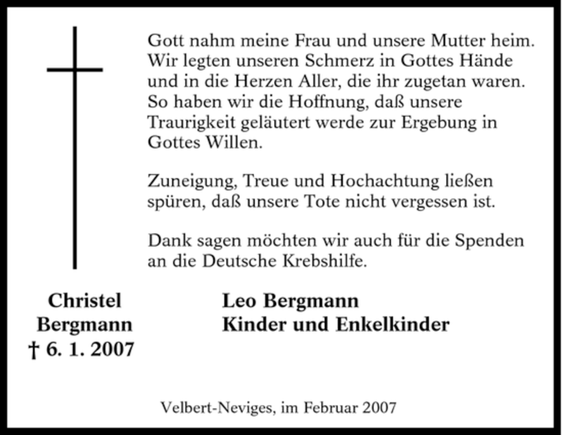  Traueranzeige für Christel Bergmann vom 10.02.2007 aus Tageszeitung