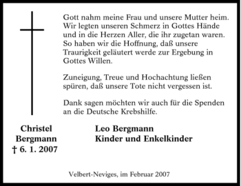 Traueranzeige von Christel Bergmann von Tageszeitung