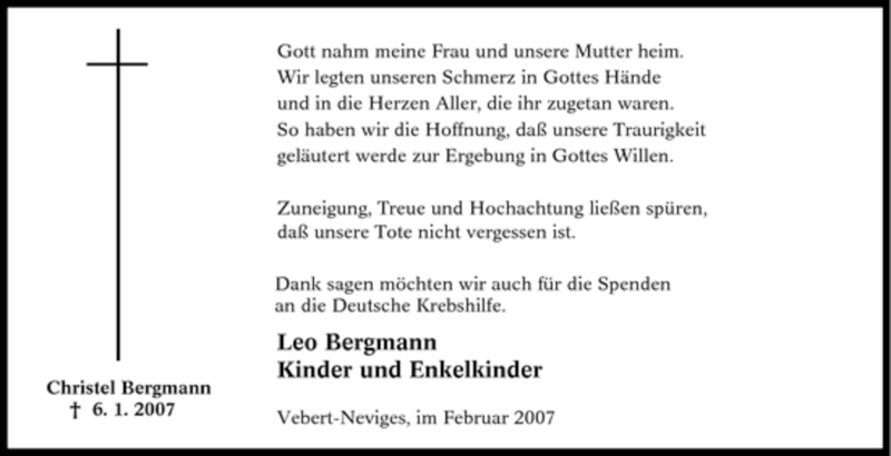  Traueranzeige für Christel Bergmann vom 10.02.2007 aus Tageszeitung