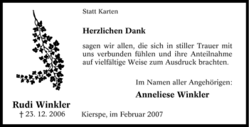 Traueranzeige von Rudi Winkler von Tageszeitung