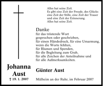 Traueranzeige von Johanna Aust von Tageszeitung