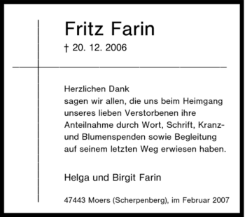 Traueranzeige von Fritz Farin von Tageszeitung
