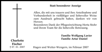 Traueranzeige von Charlotte Fischer von Tageszeitung