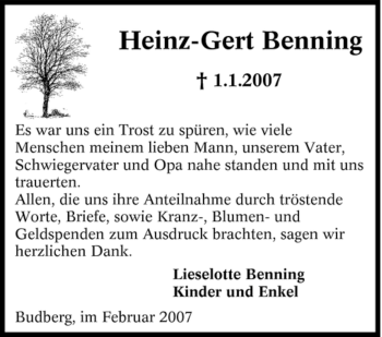 Traueranzeige von Heinz-Gert Benning von Tageszeitung