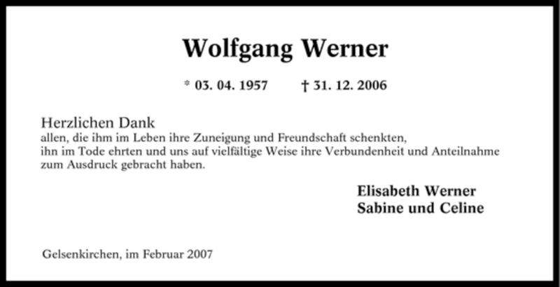  Traueranzeige für Wolfgang Werner vom 10.02.2007 aus Tageszeitung