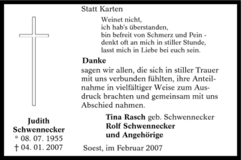 Traueranzeige von Judith Schwennecker von Tageszeitung