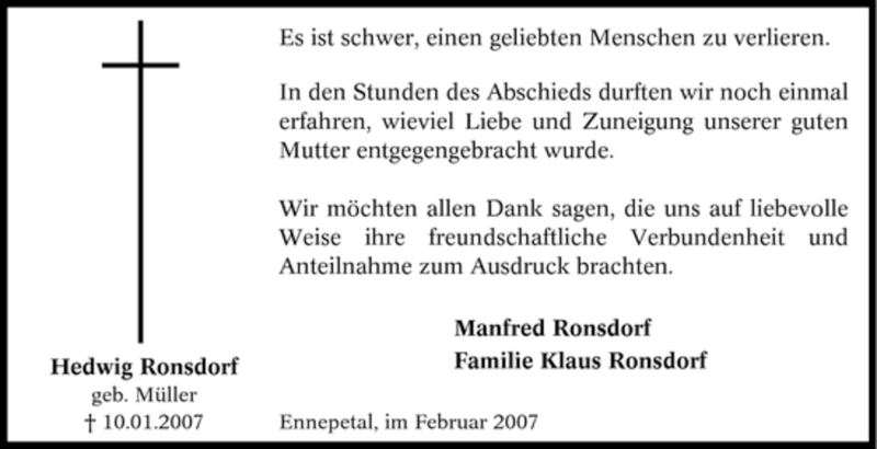  Traueranzeige für Hedwig Ronsdorf vom 10.02.2007 aus Tageszeitung