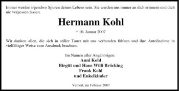 Traueranzeige von Hermann Kohl von Tageszeitung