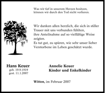 Traueranzeige von Hans Keuer von Tageszeitung