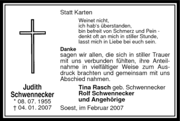 Traueranzeige von Judith Schwennecker von Tageszeitung