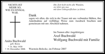 Traueranzeige von Anita Buchwald von Tageszeitung