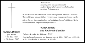 Traueranzeige von Magda Althaus von Tageszeitung