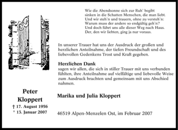 Traueranzeige von Peter Kloppert von Tageszeitung