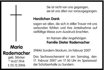 Traueranzeige von Maria Rademacher von Tageszeitung