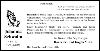Traueranzeige von Johanna Schwalm von Tageszeitung