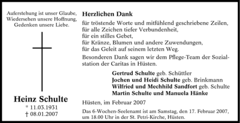  Traueranzeige für Heinz Schulte vom 13.02.2007 aus Tageszeitung