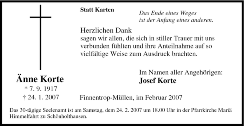  Traueranzeige für Änne Korte vom 13.02.2007 aus Tageszeitung
