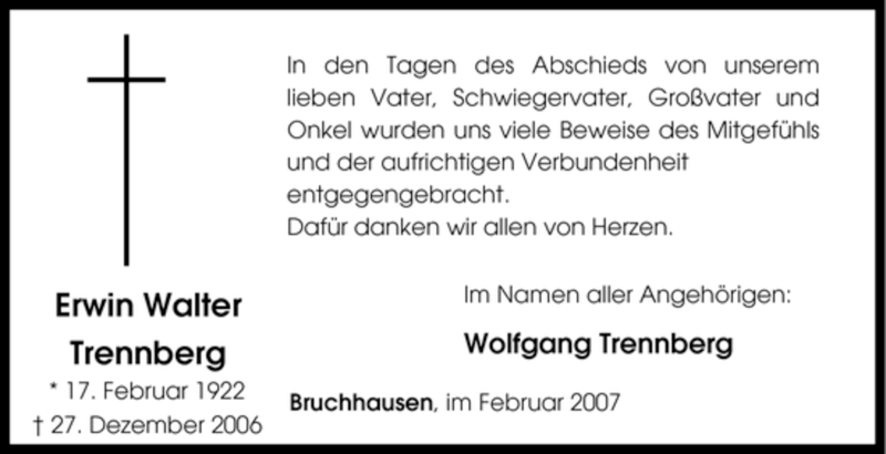  Traueranzeige für Erwin Walter Trennberg vom 14.02.2007 aus Tageszeitung