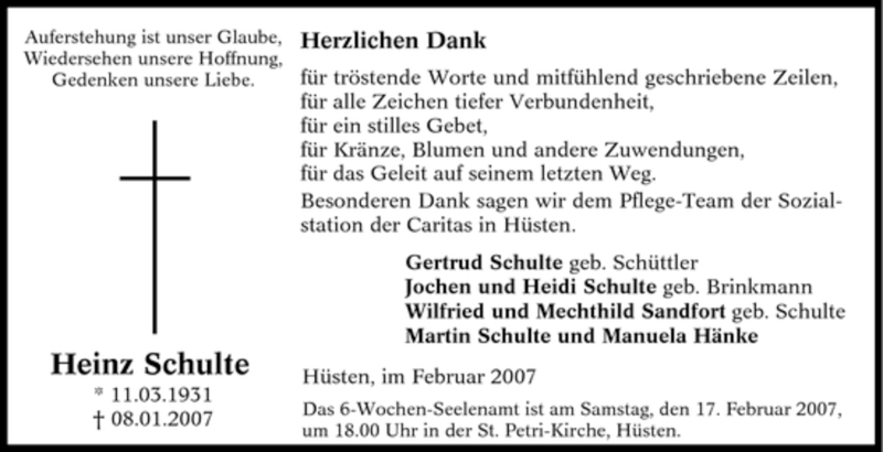  Traueranzeige für Heinz Schulte vom 14.02.2007 aus Tageszeitung