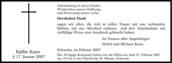 Traueranzeige von Käthe Kunz von Tageszeitung