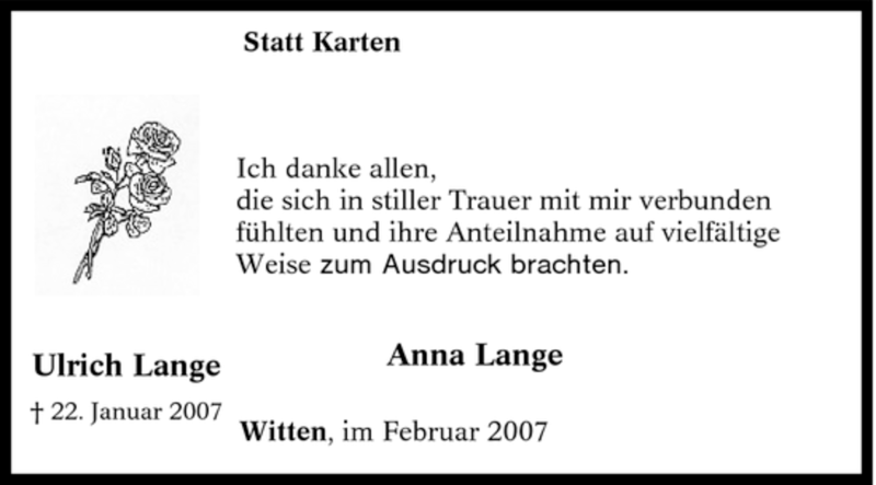  Traueranzeige für Ulrich Lange vom 14.02.2007 aus Tageszeitung
