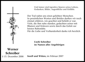 Traueranzeige von Werner Schreiber von Tageszeitung