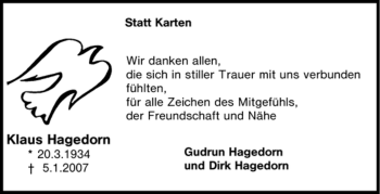 Traueranzeige von Klaus Hagedorn von Tageszeitung