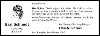 Traueranzeige von Karl Schmidt von Tageszeitung