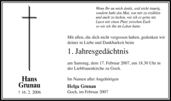 Traueranzeige von Hans Grunau von Tageszeitung