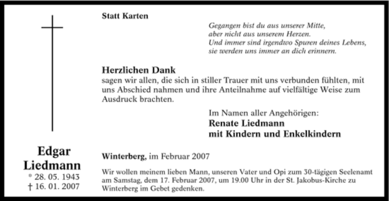  Traueranzeige für Edgar Liedmann vom 15.02.2007 aus Tageszeitung