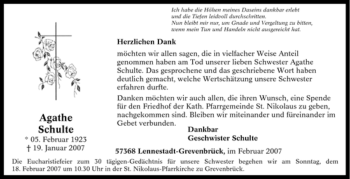 Traueranzeige von Agathe Schulte von Tageszeitung