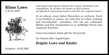 Traueranzeige von Klaus Lawo von Tageszeitung