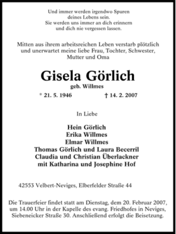 Traueranzeige von Gisela Görlich von Tageszeitung