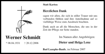 Traueranzeige von Werner Schmidt von Tageszeitung